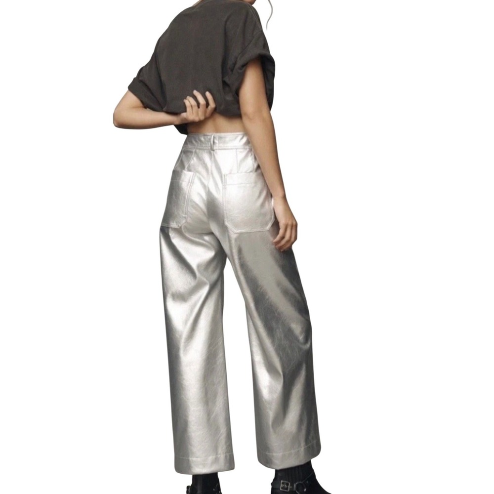 Maeve‎ Anthro The Ettie Highrise Wide Leg Crop Faux leather metallic pants 33T - Picture 3 of 13